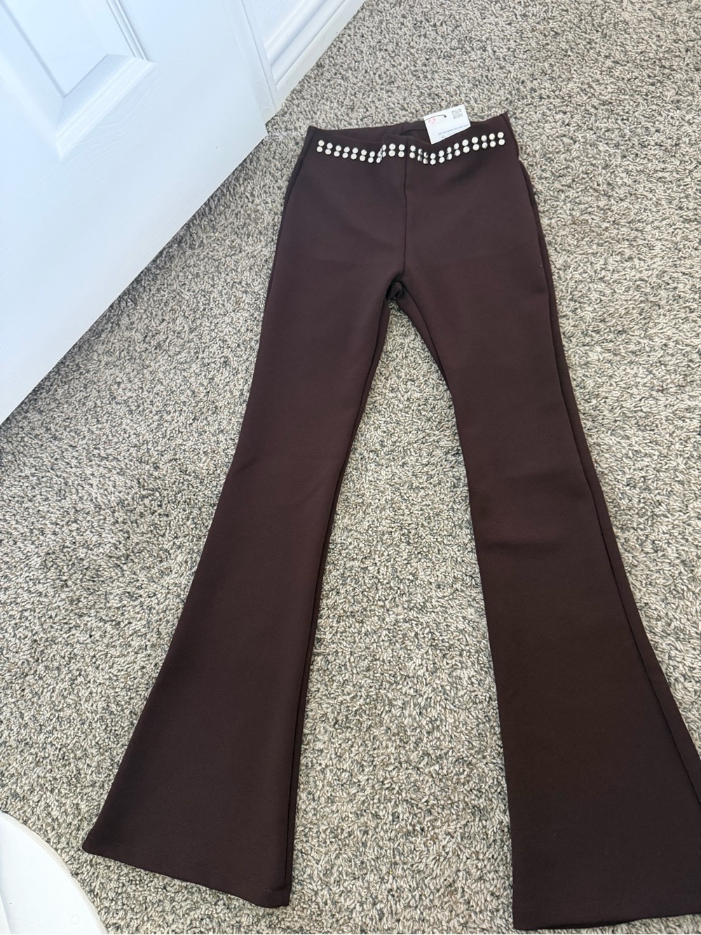 Women's Dark Brown Flared Pants with Embellished Waistband